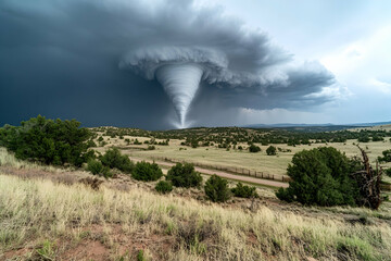 Fototapeta premium Twisting tornado moving across an isolated landscape beneath dark storm clouds