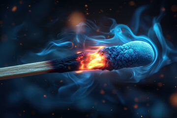 burning end of a match in macro photography. The bluish coating of the phosphorus composition on the head contrasts with the bright orange tongues of flame and darkening charred wood. 