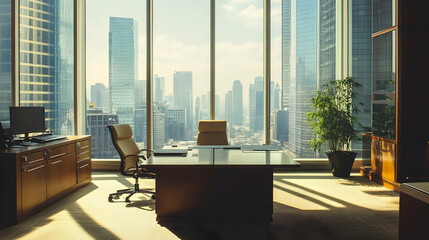Fototapeta premium Urban Office with Spacious Layout and Large Windows for Bright Natural Light