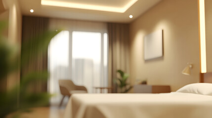 Modern Hotel Room Interior with Bed and City View