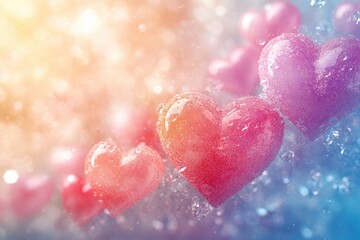 Obraz premium Abstract design, pastel colored hearts in various shades of pink, purple, and red, with glitter effect, floating in soft focus bokeh background with bright lighting. Floating hearts are textured