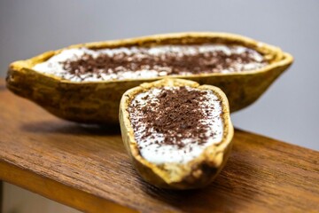 Traditional cupuaçu cream, cupuaçu mousse served in the fruit shell with grated chocolate