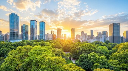 Obraz premium Cityscape at Sunset. Trees in foreground, urban architecture, sunlight and sky