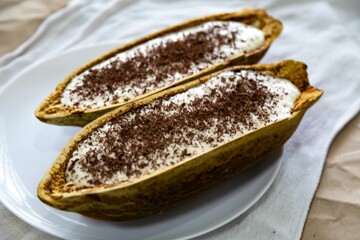 Traditional cupuaçu cream, cupuaçu mousse served in the fruit shell with grated chocolate