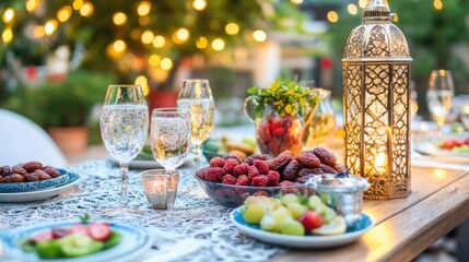 Elegant Outdoor Dinner Setup with Fresh Fruits and Lantern Glow