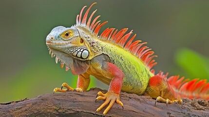 Fototapeta premium Vibrant red, yellow, and green iguana lizard perched on a log.