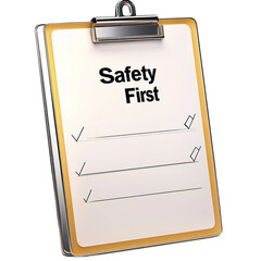 a checklist board labeled "Safety First" in an office environment, isolated on a white background