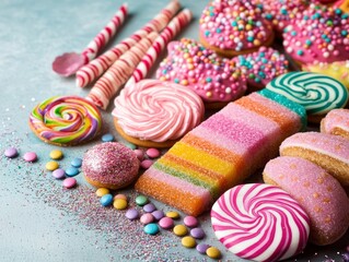 Colorful candy arrangement for party. Confections on blue background. Food design