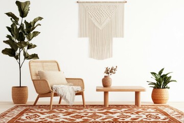 Stylish cozy living room with rattan furniture, plants, and macram wall art creating a warm, inviting atmosphere for relaxation and comfort
