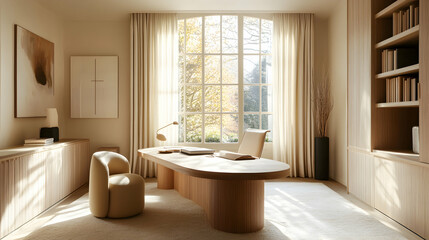 Well-lit, minimalist home office with neutral color palette and modern design elements