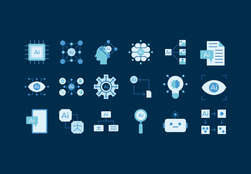 Blue and White Generative AI Icons Minimalist Style. AI Technology Icons Set