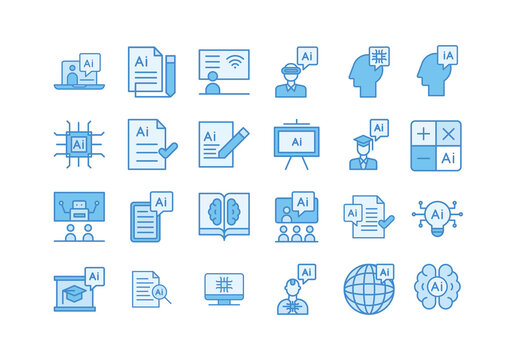 Blue and White AI Education Icons Minimalist Style. AI Learning Icons Set