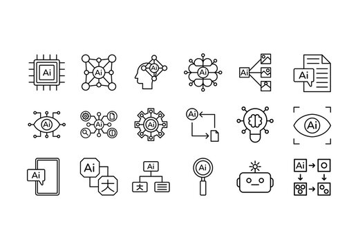 Black and White Generative AI Icons Line Style. AI Technology Icons Set