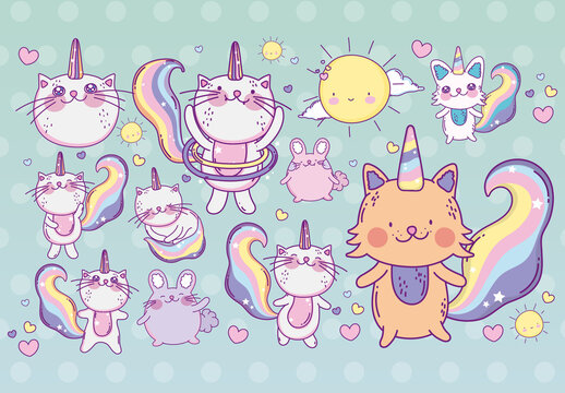 Colorful Cat Unicorns Kawaii Style. Fantasy Animal Illustration Set