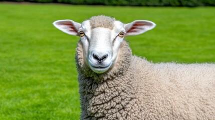 Obraz premium Close-Up Image of a Sheep Grazing on Lush Green Grass