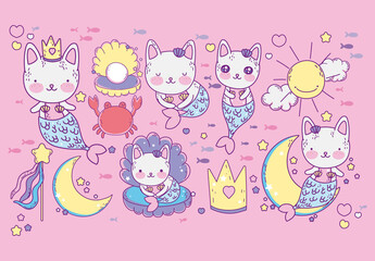 Colorful Mermaid Cats Fantasy Pastel Illustration. Adorable Cat Mermaids Illustration Set