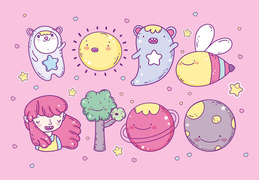 Colorful Cute Elements Kawaii Style. Fantasy Objects Illustration Set