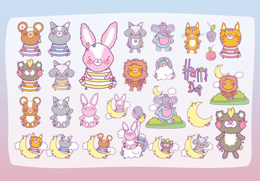Cute Kawaii Animals Illustration Set