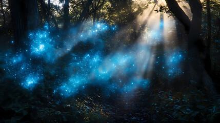 Fototapeta premium Enchanted forest glade bioluminescent flora gossamer fog tendrils otherworldly dappled sunlight ethereal nature spirits. ethereal fog & mist. illustration. Bioluminescent Forest Spirits. Illustration