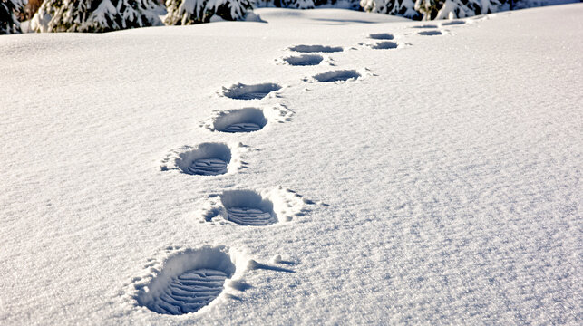 A realistic but obviously fake monster footstep trail in the snow, leading to nowhere, selective focus on the footprints, copy space for text, ultra HD, 