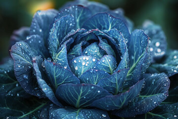 Obraz premium Diamond-Kissed Cabbage, A Study in Blue and Botanical Beauty