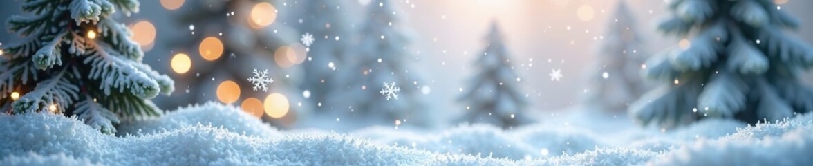 Fototapeta premium Snowflakes gently fall on a silver Christmas background with festive decorations, snowflakes, holiday