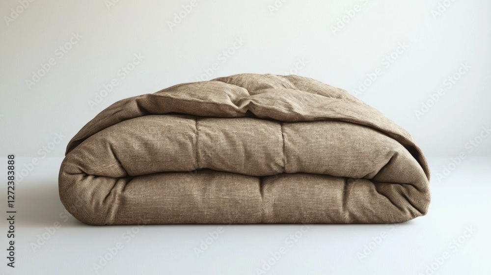 Poster a soft brown duvet is neatly folded, creating a cozy aesthetic. its minimalistic design enhances the