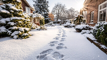 A realistic but obviously fake monster footstep trail in the snow, leading to nowhere, selective focus on the footprints, copy space for text, ultra HD, 