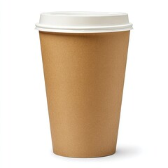 A kraft paper coffee cup with a white lid sits on a white background.  Perfect for your cafe or beverage designs!