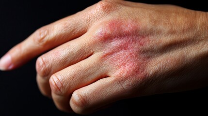 Close-up of fingers scratching a mosquito bite on the back of the hand, highlighting the red rash and inflamed skin caused by an allergic reaction