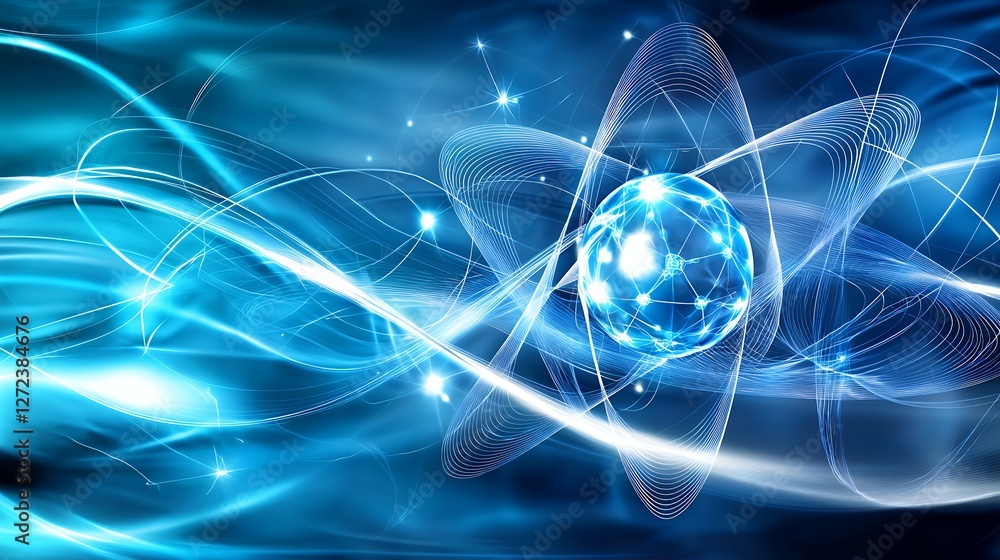 Poster abstract atomic structure with orbiting electrons on a white and blue background