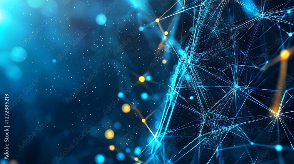 Poster abstract blue and gold network visualization with glowing points and lines
