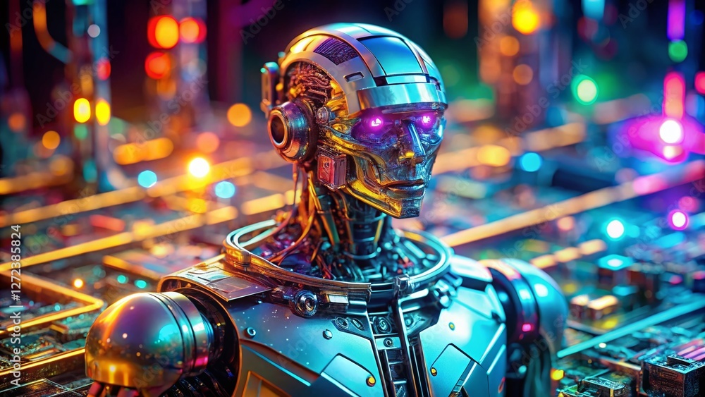 Poster macro shot: futuristic robot hologram circuitry, artificial intelligence technology