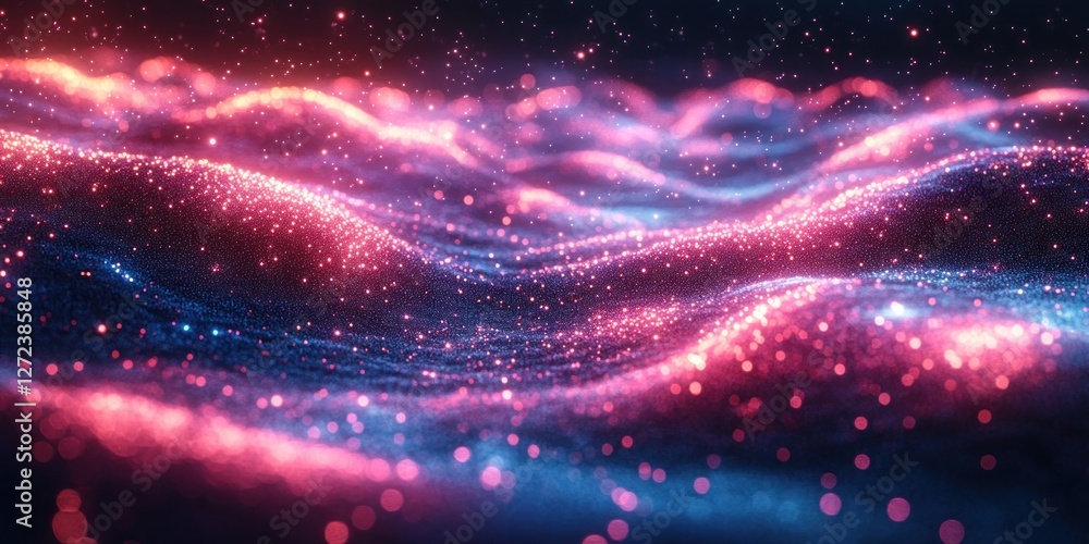 Poster digital waves interacting in a neon grid of energy patterns and atomic model structures