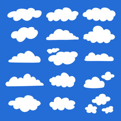Flat cloud. Simple cloudy shapes. Cartoon white puffy, fluffy and cumulus clouds in blue sky. Abstract comic weather elements.