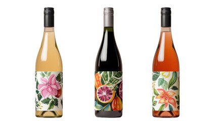 Three bottles of wine with floral labels displayed against a white background, showcasing vibrant colors