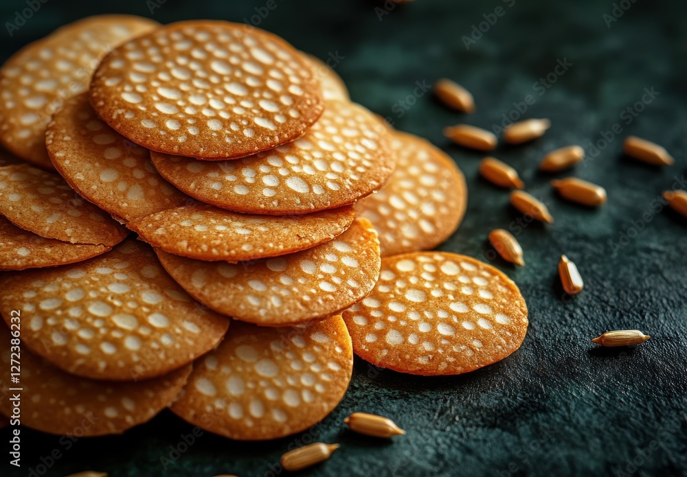Poster golden brown crisp snack stacks with texture on dark surface surrounded by wheat kernels ideal for c
