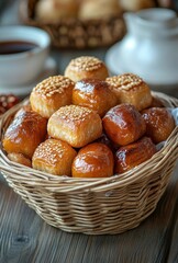 Golden brown baked pastries with sesame seeds in a rustic woven basket on a wooden table with tea and softly blurred background elements