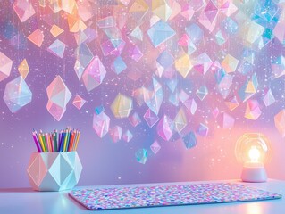 Desk with pencils and gems. Home office interior background for creativity