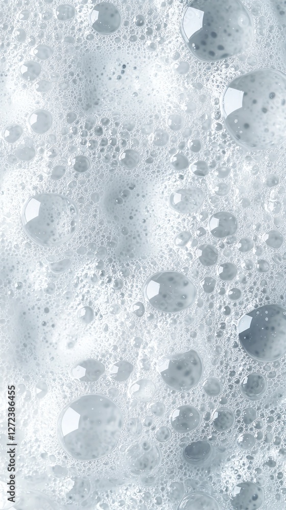 Poster Delicate soap foam swirls gracefully, showcasing an array of shimmering bubbles under soft light. The texture is both inviting and intriguing, evoking a sense of calm and cleanliness