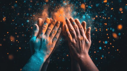 Two hands are raised in the air, one blue and one orange