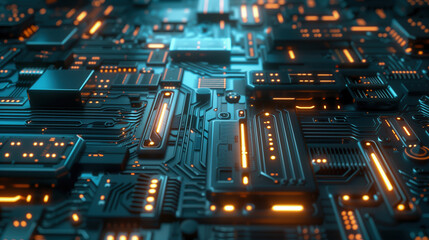 Futuristic circuit board design with glowing connections in a technology environment at night.