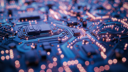 Close-up of a printed circuit board with glowing lights and intricate design in a technological environment.