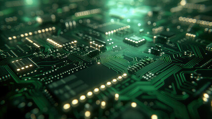 Exploring intricate details of a green printed circuit board with illuminated components and connections in a close-up view.