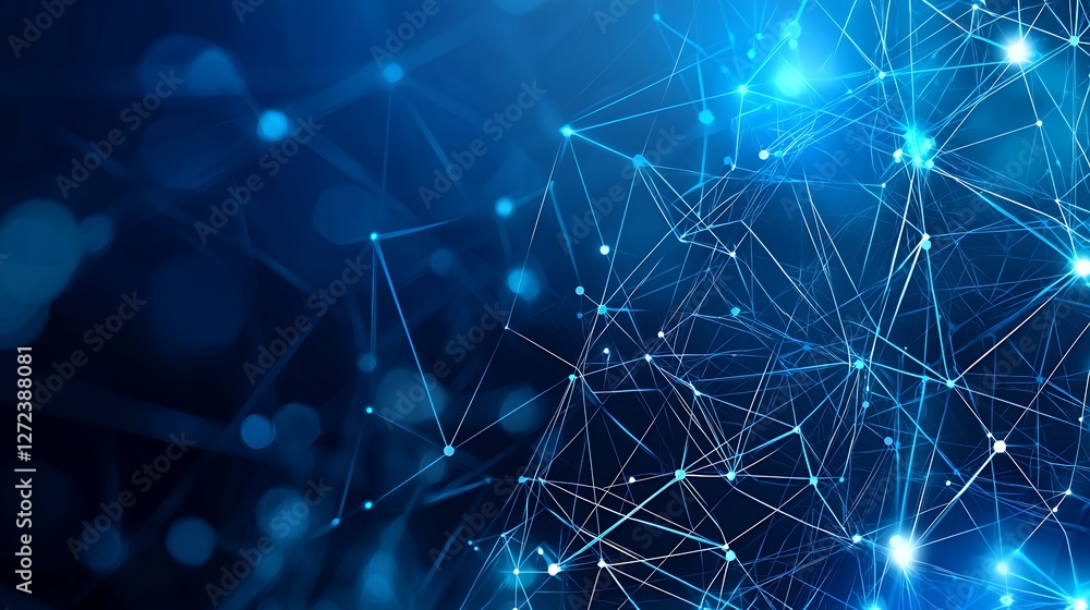 Poster abstract blue digital network connection with dots and glowing lines on dark background