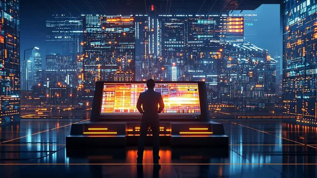 Man monitoring futuristic city data center control room
