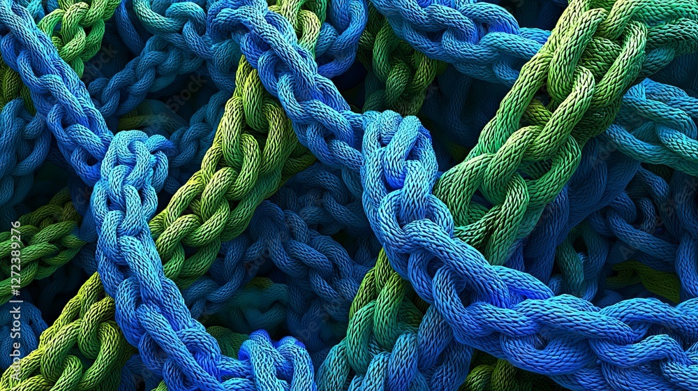 Wall mural textured closeup shot of coiled blue and green nets with complex interlocking ropes, creating a bold