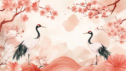Naklejka premium Elegant illustration of cranes amidst cherry blossoms, evoking tranquility and nature's beauty.