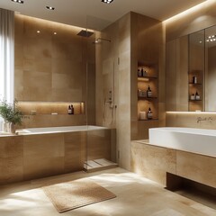 Fototapeta premium Minimalistic Modern Bathroom Design with Natural Wood and Ambient Lighting