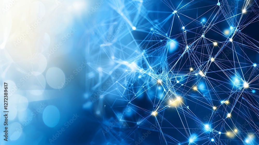 Poster abstract blue network of interconnected dots and lines on a dark background